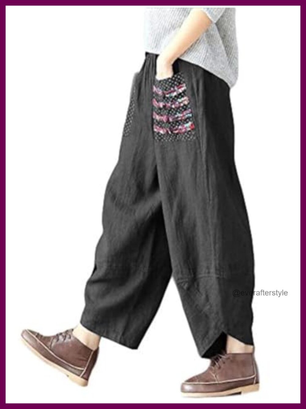 Linen Wide Leg Harem Pants Baggy Elastic Waist Patchwork Casual